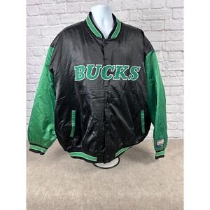 VTG Milwaukee Bucks Hardwood Classics Satin Bomber Jacket XXL Green‎ Black NBA
